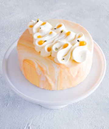 Vanilla and macadamia entrement cake on cake tray